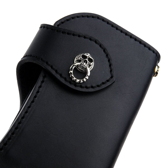 A classic trucker-style wallet in premium black leather, designed to be the perfect accessory for any rider.
