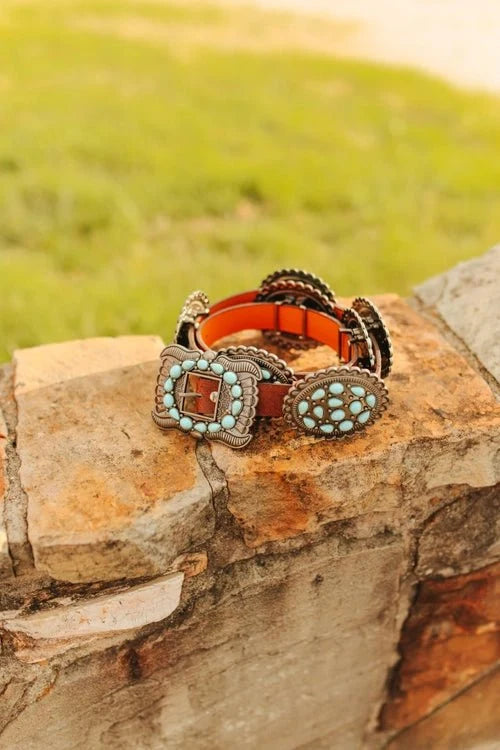 Brown Elephant Leather Oval Turquoise Concho BeltS