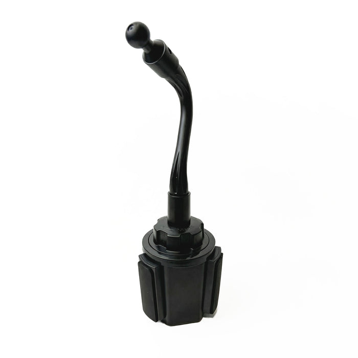 A black Cup Holder Mount with a flexible gooseneck and 17mm ball stands upright against a white background, featuring a curved design and rounded top reminiscent of automotive short throw shifters.