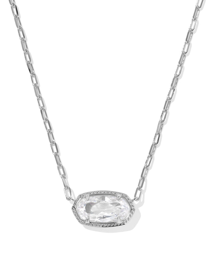 Silver necklace with a clear gemstone pendant on a white background