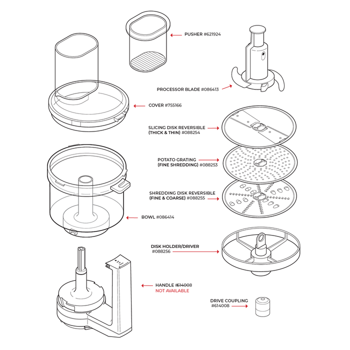 Technical illustration of the Magimix food processor and all of its parts
