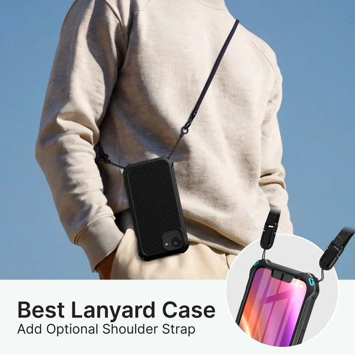 A person in a beige hoodie and sweatpants carries an iPhone 14 Pro Max in the Catalyst Case US Crux Case, MagSafe compatible, with a black lanyard around their neck. An inset shows the case with an optional shoulder strap. Text: “Best Lanyard Case. Add Shoulder Strap.â€ÂÂ.