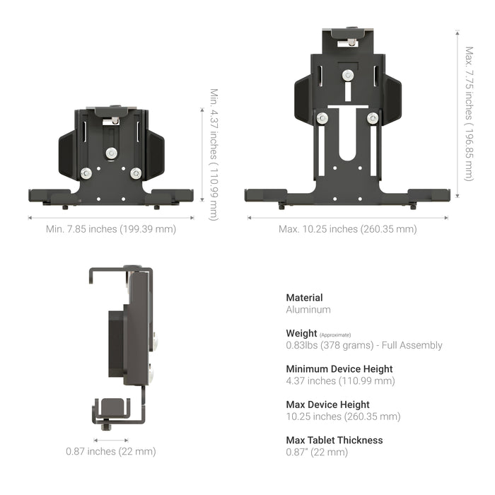 Technical specifications of a tablet stand with dimensions and material details on a white background.