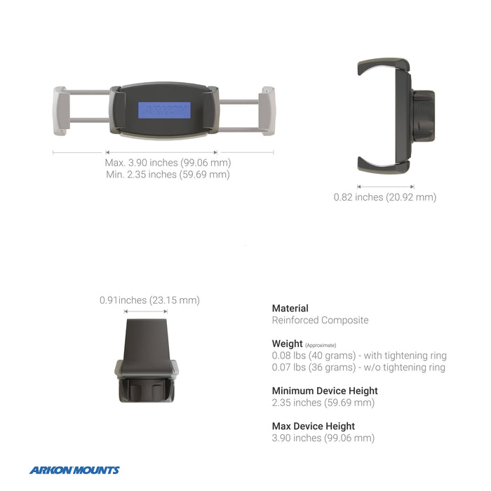 Phone Cup Holder Mount with Mobile Grip 5 Holder - 25mm diagram displaying front, side, and top views with measurements. Dimensions: 2.35–3.90 inches wide, 0.91 inches deep, and 0.82 inches high—perfect as a hands-free phone holder or car cup phone holder in your vehicle. Made from reinforced composite material and weighs just 0.08 lbs. Arkon Mounts logo shown at the bottom left.