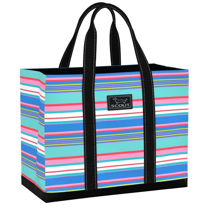 Striped tote bag with black handles on a white background