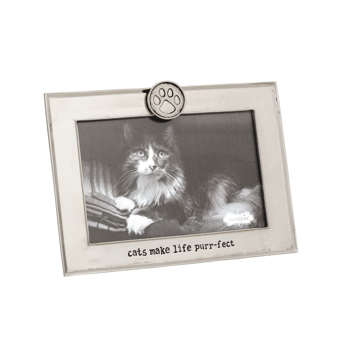 Silver picture frame with paw design and cat photo, text 'cats make life purr-fect' on a white background