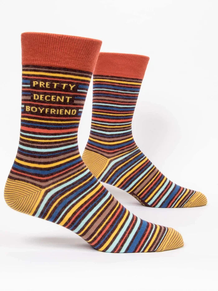 multicolored striped men's socks with the words "pretty decent boyfriend" displayed against a white background