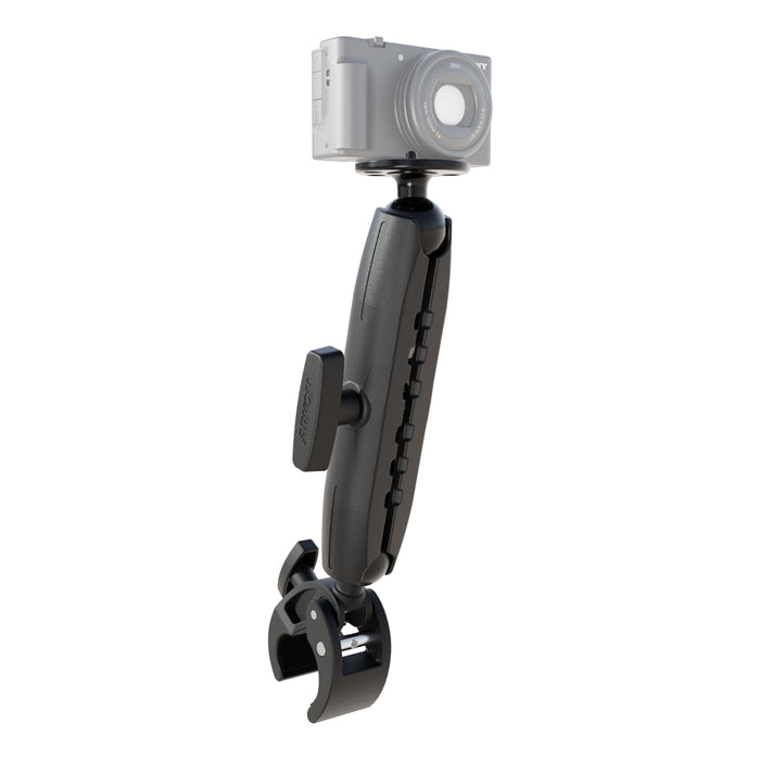 A black RoadVise® Clamp Mount with a circular camera mounting pattern, featuring an adjustable bottom clamp and a sturdy 1/4″-20 mount for secure attachment of a compact digital camera at the top.