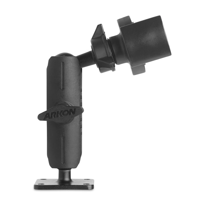 The RoadVise® Phone Holder with Drill-Base Mount features a black adjustable mounting bracket with a square base in an AMPS pattern, a central pivot joint, and an angled cylindrical holder. The product is photographed against a white background with “ARKON” printed on the central knob.