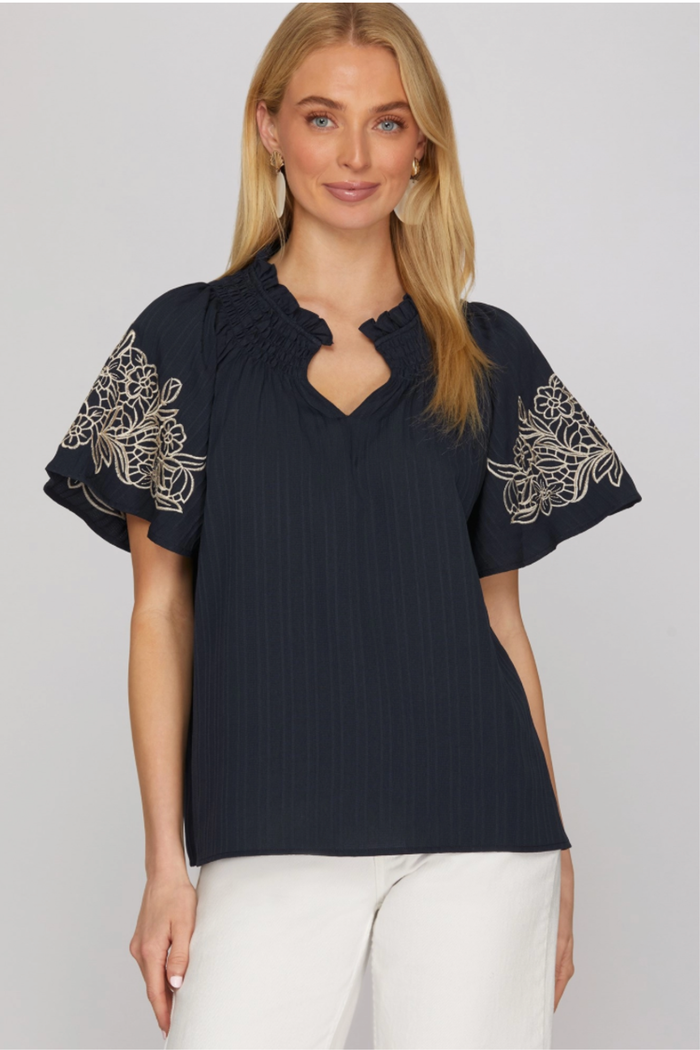 Short Sleeve Embroidered Top - Navy
