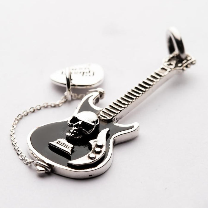 A close-up of the silver guitar pick charm engraved with "Gibson USA" on the rocker pendant.