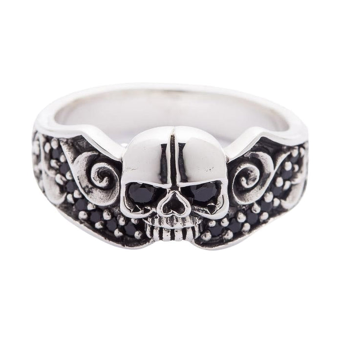 A unisex skull wedding ring, a perfect choice for gothic, biker, and alternative couples.