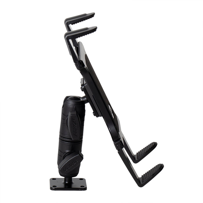 Here is the rewritten sentence using the provided product data: Side view of the Slim-Grip® Tablet Holder with Double Socket Swivel Arm and Drill-Base Mount in black, featuring an adjustable rugged grip handle and mounting base, designed to securely hold a device at an upright angle.