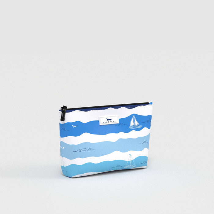 Pouch with blue and white wave pattern on a light gray background