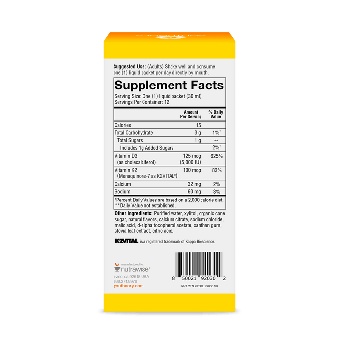 CTN.K2D3L.92030 Youtheory K2D3 Liquid Peach Flavor 12 ct Nutrition Facts Panel