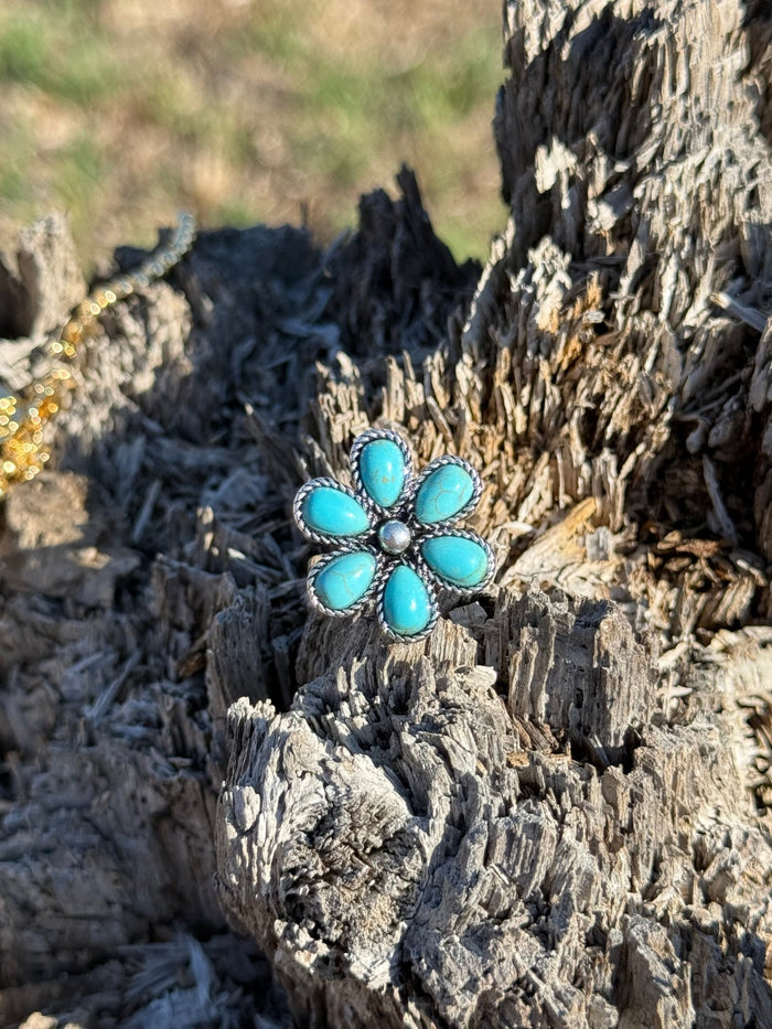 Western Turquoise Flower Cuff Ring