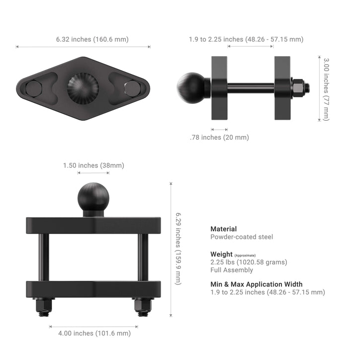 Black metal bracket with dimensions and specifications on a white background