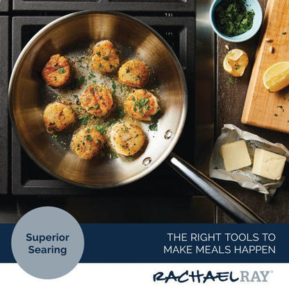 Scallops sizzle in a 10-Inch Professional Stainless Steel Induction Frying Pan on the stovetop, with herbs and butter close by.