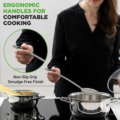 10 Pcs. Stainless Steel Kitchen Utensils Set  - Nonstick & Heat Resistant With High-Quality Ss Utensil Holder, Spoon, Slotted Spoon, Turner, Slotted Turner, Ladle, Pasta Server, Server, Food Tong, Masher And Whisk