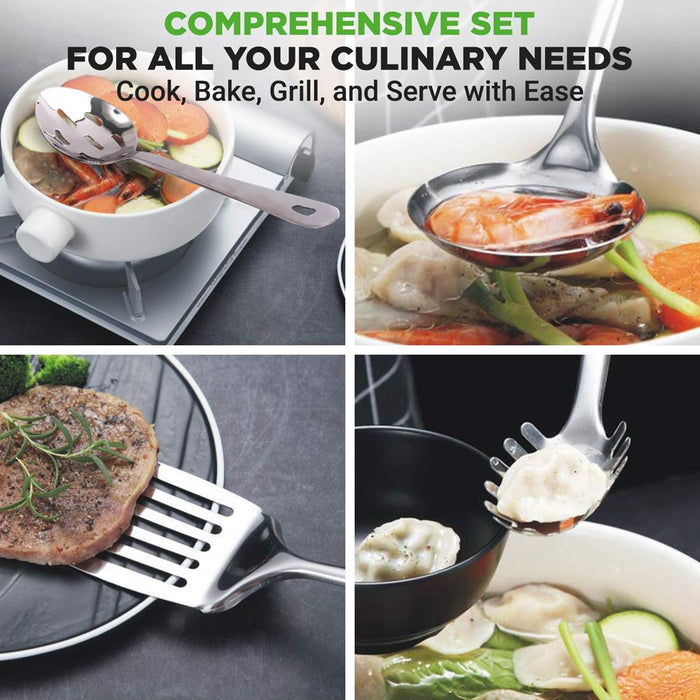 10 Pcs. Stainless Steel Kitchen Utensils Set  - Nonstick & Heat Resistant With High-Quality Ss Utensil Holder, Spoon, Slotted Spoon, Turner, Slotted Turner, Ladle, Pasta Server, Server, Food Tong, Masher And Whisk