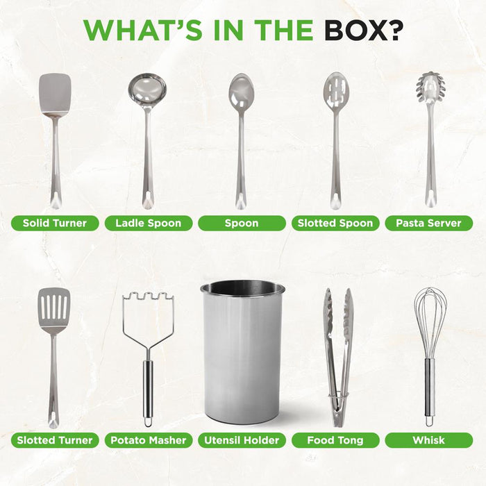 10 Pcs. Stainless Steel Kitchen Utensils Set  - Nonstick & Heat Resistant With High-Quality Ss Utensil Holder, Spoon, Slotted Spoon, Turner, Slotted Turner, Ladle, Pasta Server, Server, Food Tong, Masher And Whisk