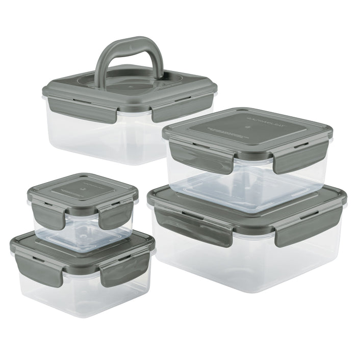 These 10-Piece Square Nestable Food Storage Containers are made of clear plastic with gray lids, featuring a 4-hinge locking system and BPA-free materials for safe and efficient kitchen organization.