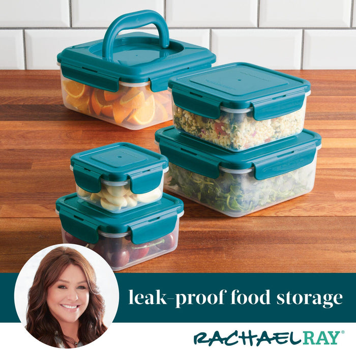 On a wooden surface sit four teal, BPA-free food storage containers, each equipped with a 4-hinge locking system to ensure freshness. These containers are part of the 10-Piece Square Nestable Food Storage Containers set and offer both convenience and style for your kitchen organization needs.