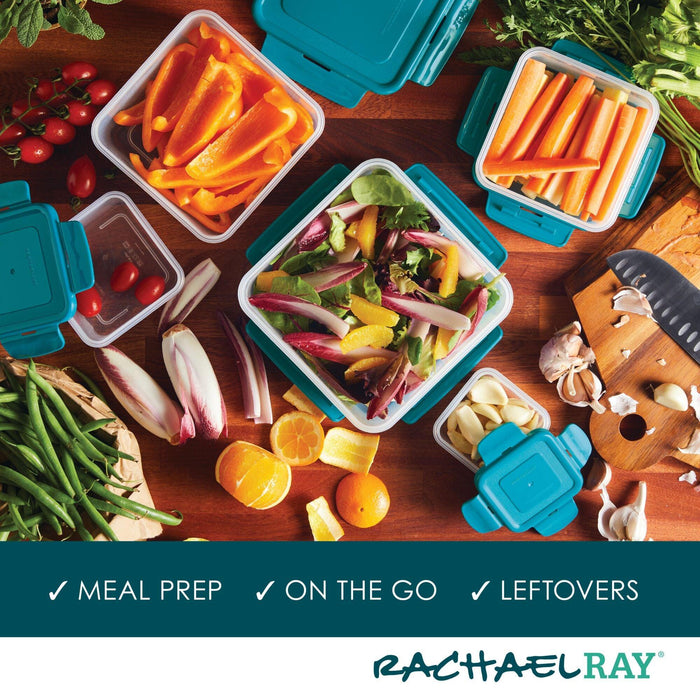 The 10-Piece Square Nestable Food Storage Containers, filled with fresh vegetables and fruits, sit on a wooden table, ensuring safety and freshness with their BPA-free design and 4-hinge locking system.