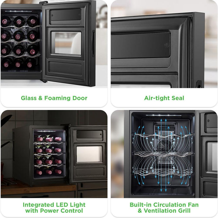12 Bottle Wine Cooler, Adjustable Temp, Quiet Thermoelectric, Glass Door