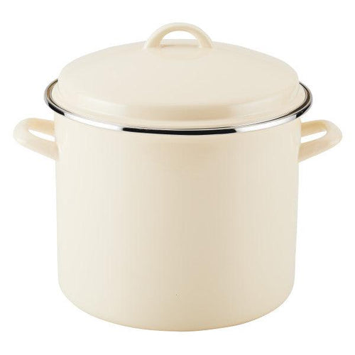 12-Quart Induction Enamel Stockpot with Lid, featuring a cream-colored finish and handles, ideal for cooking family-sized portions.