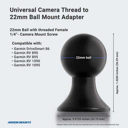 Universal camera thread to 22mm ball mount adapter with dimensions and compatibility details on a light gray background.