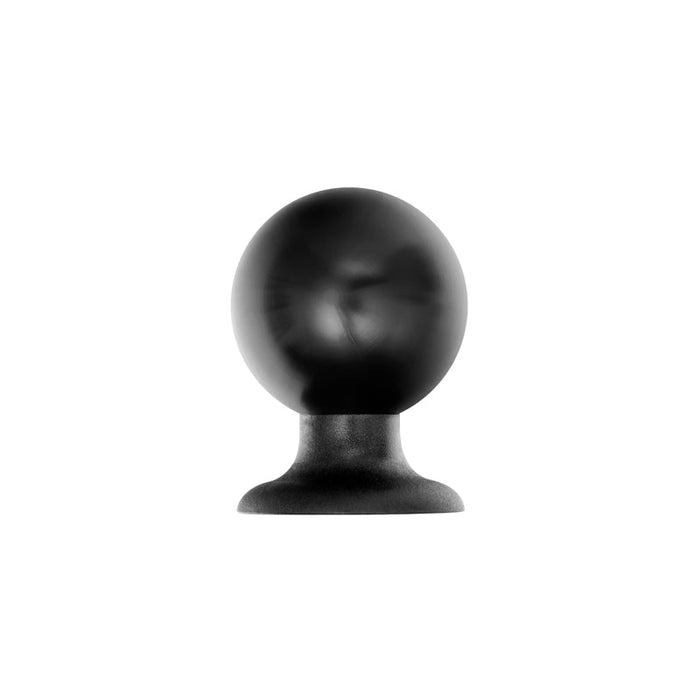 A matte black Female Camera 1/4-20 Threaded Pattern to 38mm (1.5 inch) Ball Adapter with a short cylindrical base is centered on a white background.