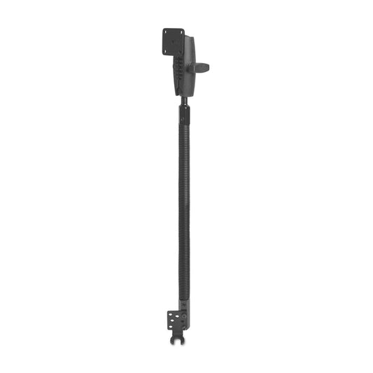 Black metal spring-loaded door closer on a white background