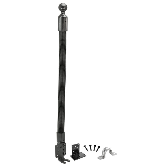 An 18 inch Seat Rail Floor Pedestal with a 25mm (1 inch) ball, black with a flexible gooseneck shaft, mounting bracket, screws, and a silver metal hook bracket, displayed on a white background.