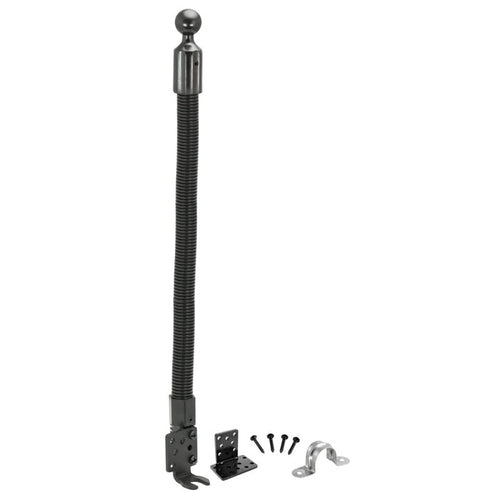 An 18 inch Seat Rail Floor Pedestal with a 25mm (1 inch) ball, black with a flexible gooseneck shaft, mounting bracket, screws, and a silver metal hook bracket, displayed on a white background.
