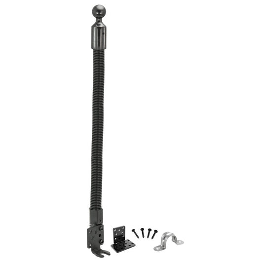 An 18 inch Seat Rail Floor Pedestal with a 25mm (1 inch) ball, black with a flexible gooseneck shaft, mounting bracket, screws, and a silver metal hook bracket, displayed on a white background.