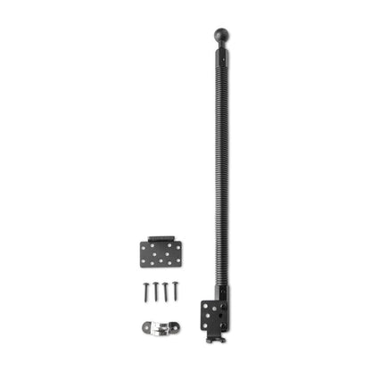 The 18 Gooseneck Seat Rail Mount—compatible with 25mm balls—is shown with a long spring-loaded arm, three mounting brackets, and four screws on a white background; ideal for seat rail or floor mount setups.