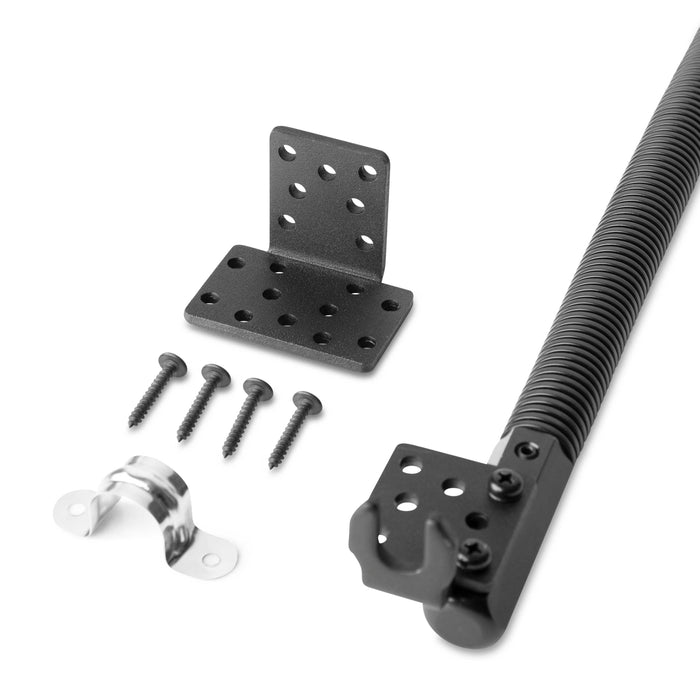 The 18 Gooseneck Seat Rail Mount—compatible with 25mm ball accessories—features a black metal spring, mounting plates, a silver bracket, and four black screws, all displayed on a white background.