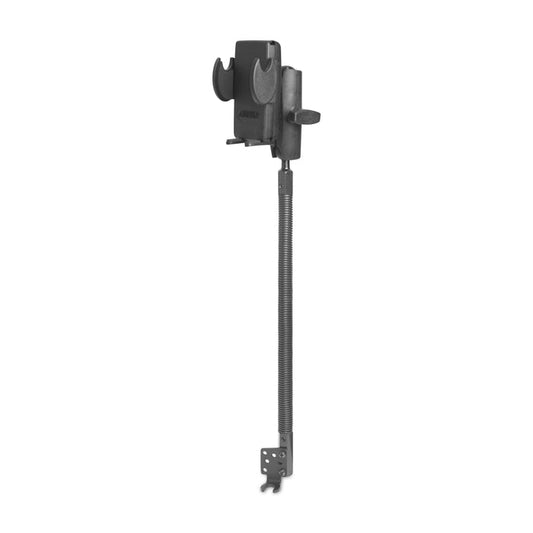 18″ Seat Rail Mount with Mega Grip™ Phone Holder for Cars & Trucks—featuring a 25mm ball, precise fit similar to a garage door opener sensor bracket with mounting plate, vertical rod, and adjustable housing—is displayed against a white background.