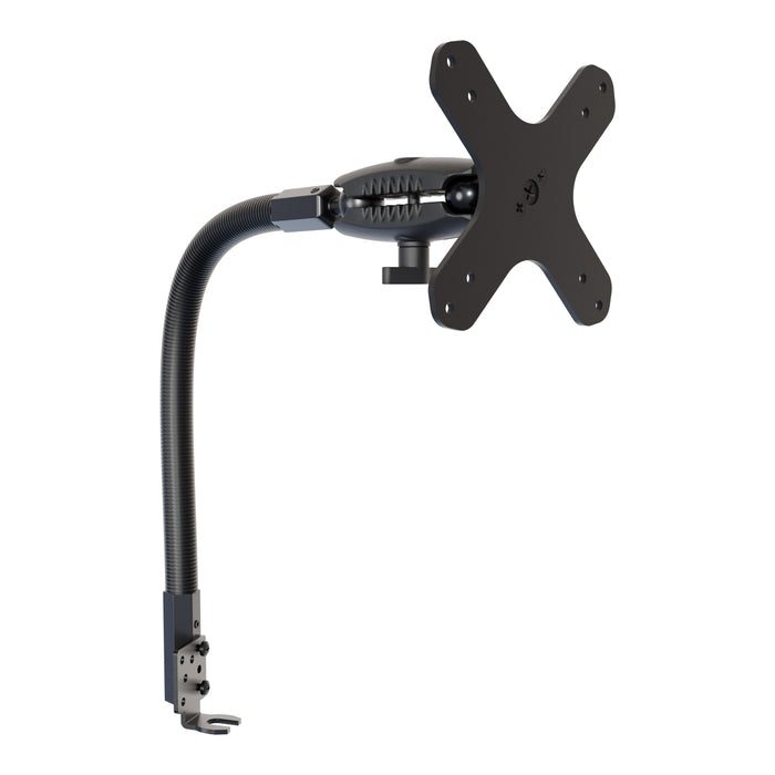 18″ Seat Rail Mount with VESA Mounting Pattern featuring a flexible, corrugated neck and a clamp base for secure attachment, equipped with a VESA-compatible plate for monitors or screens—making it an ideal solution for vehicle mounting as well as office use.