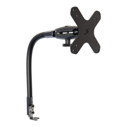 18″ Seat Rail Mount with VESA Mounting Pattern featuring a flexible, corrugated neck and a clamp base for secure attachment, equipped with a VESA-compatible plate for monitors or screens—making it an ideal solution for vehicle mounting as well as office use.
