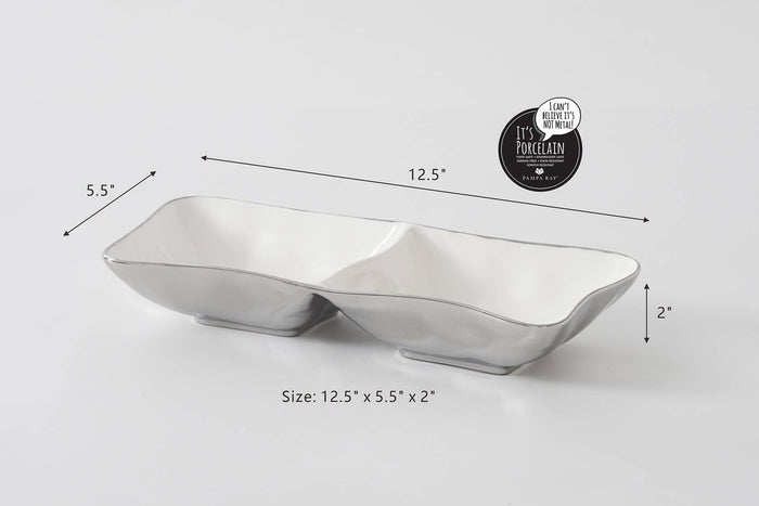 White ceramic dish with dimensions on a gray background