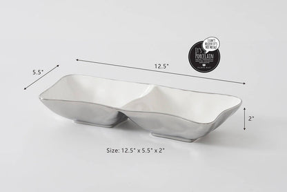 White ceramic dish with dimensions on a gray background