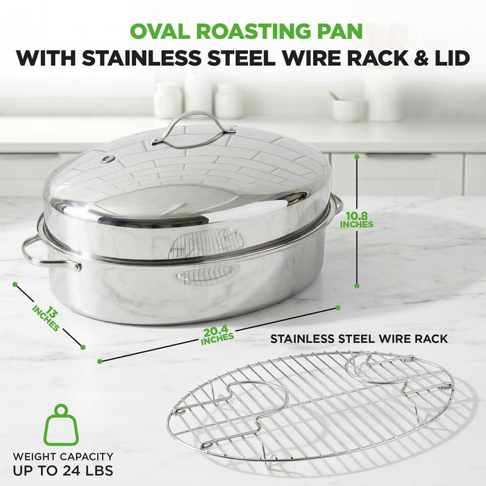 20" Oval Roasting Pan - Tender Roasts - Stainless Steel, Dishwasher Safe