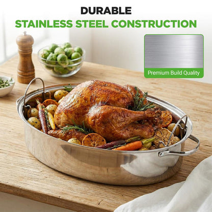20" Oval Roasting Pan - Tender Roasts - Stainless Steel, Dishwasher Safe