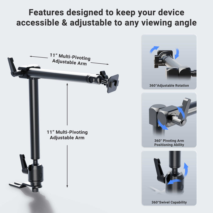 The Heavy-Duty Seat Rail or Floor Car Mounting Pedestal with a 22 adjustable arm (Dual-T compatible) offers versatile positioning and accessibility with pivot, swivel, and 360° rotation for your tablet.
