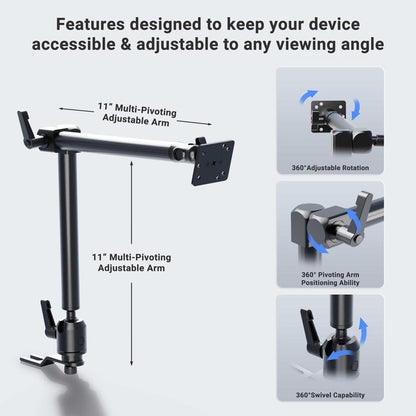 Diagram of the Heavy-Duty Seat Rail Car Mount with 22 Adjustable Arm—shows features like 11 multi-pivot arms, 360° rotation, positioning, and swivel. Includes visual examples of a universal tablet holder on the right. 4-Hole AMPS compatible.