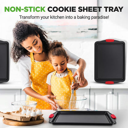 3-Piece Nonstick Cookie Sheets - Even Heat Carbon Steel, Red Handles