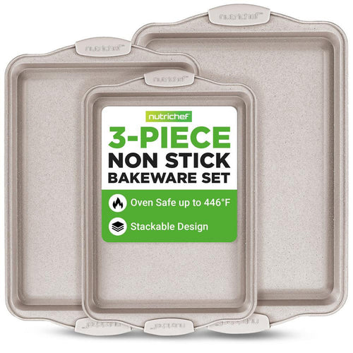 3-Piece Nonstick Cookie Sheets Set, Even Heat, Carbon Steel, Cream Marble