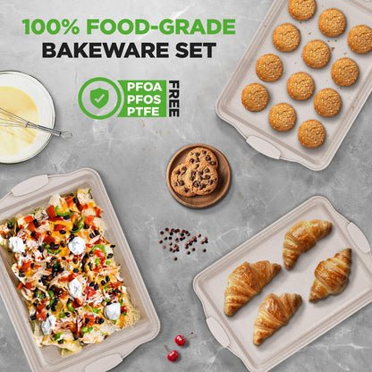 3-Piece Nonstick Cookie Sheets Set, Even Heat, Carbon Steel, Cream Marble